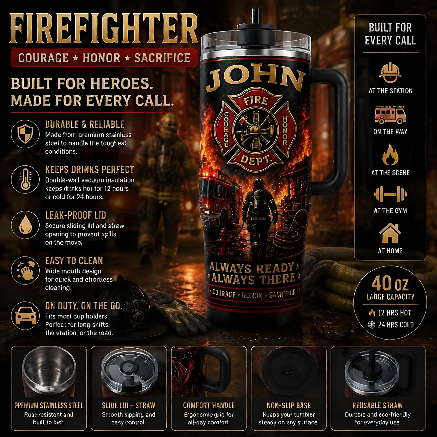 Personalized Firefighter Courage Honor Sacrifice Stainless Steel Tumbler