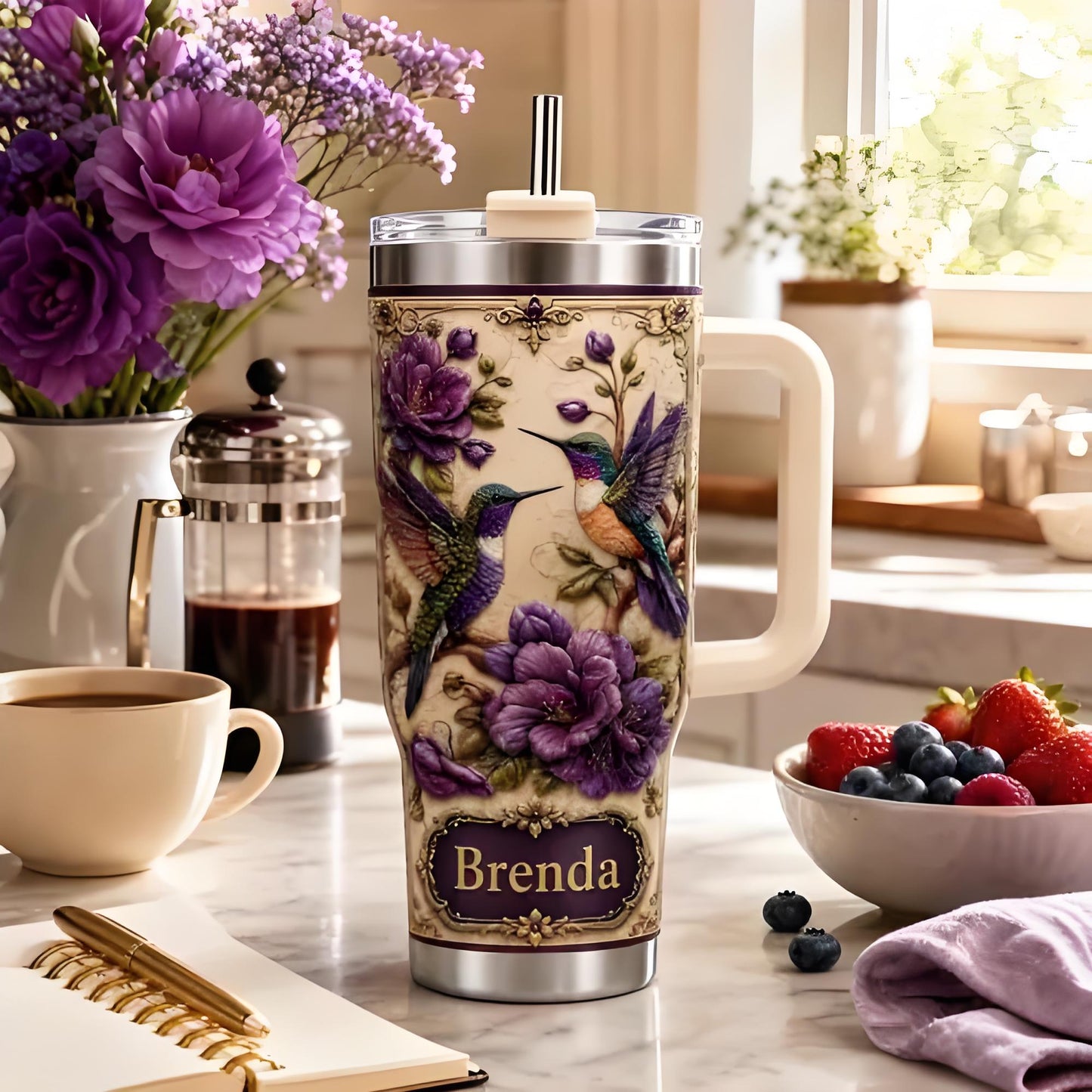 🐦💜Personalized Hummingbird & Purple Flower Tumbler