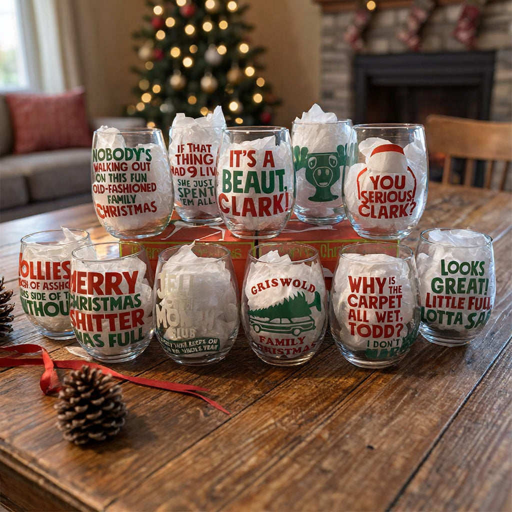 Christmas Vacation Themed Holiday Stemless Wine Glasses