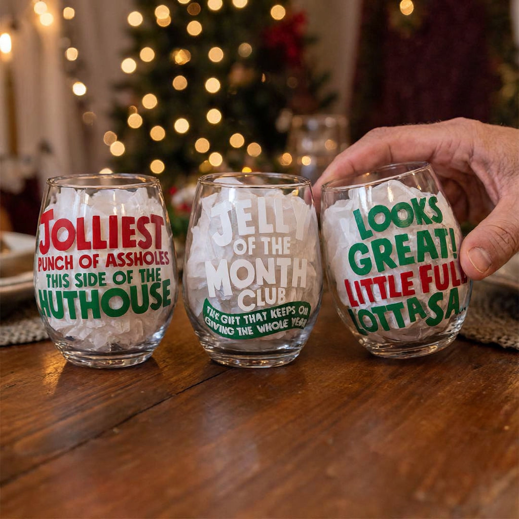Christmas Vacation Themed Holiday Stemless Wine Glasses
