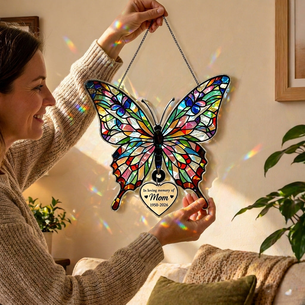 🦋 Customizable Holographic Butterfly Suncatcher – Memorial Gift for Mom