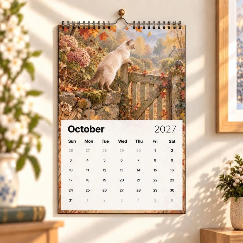 A Year of Cottage Cats 2027 Wall Calendar – Cottage Garden Cat Art, Spiral Bound Monthly Planner for Home &amp; Office