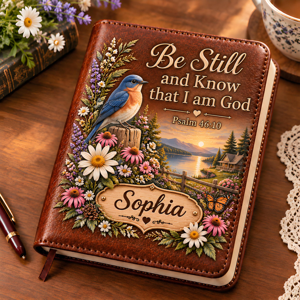 📖 Personalized Leather Scripture Notebook – Custom Name Floral Nature Journal ✝️✨