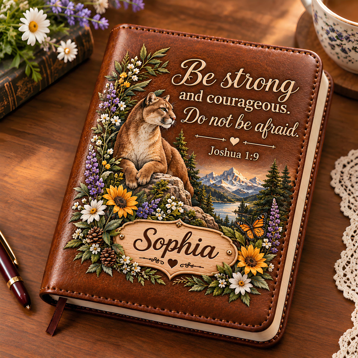 📖 Personalized Leather Scripture Notebook – Custom Name Floral Nature Journal ✝️✨