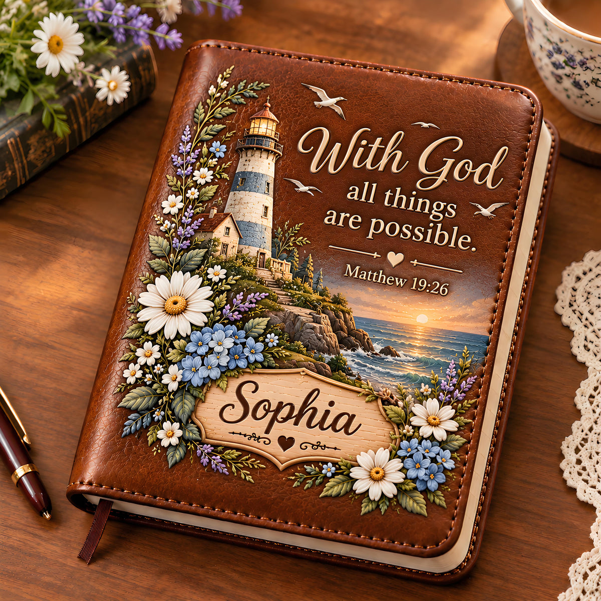 📖 Personalized Leather Scripture Notebook – Custom Name Floral Nature Journal ✝️✨