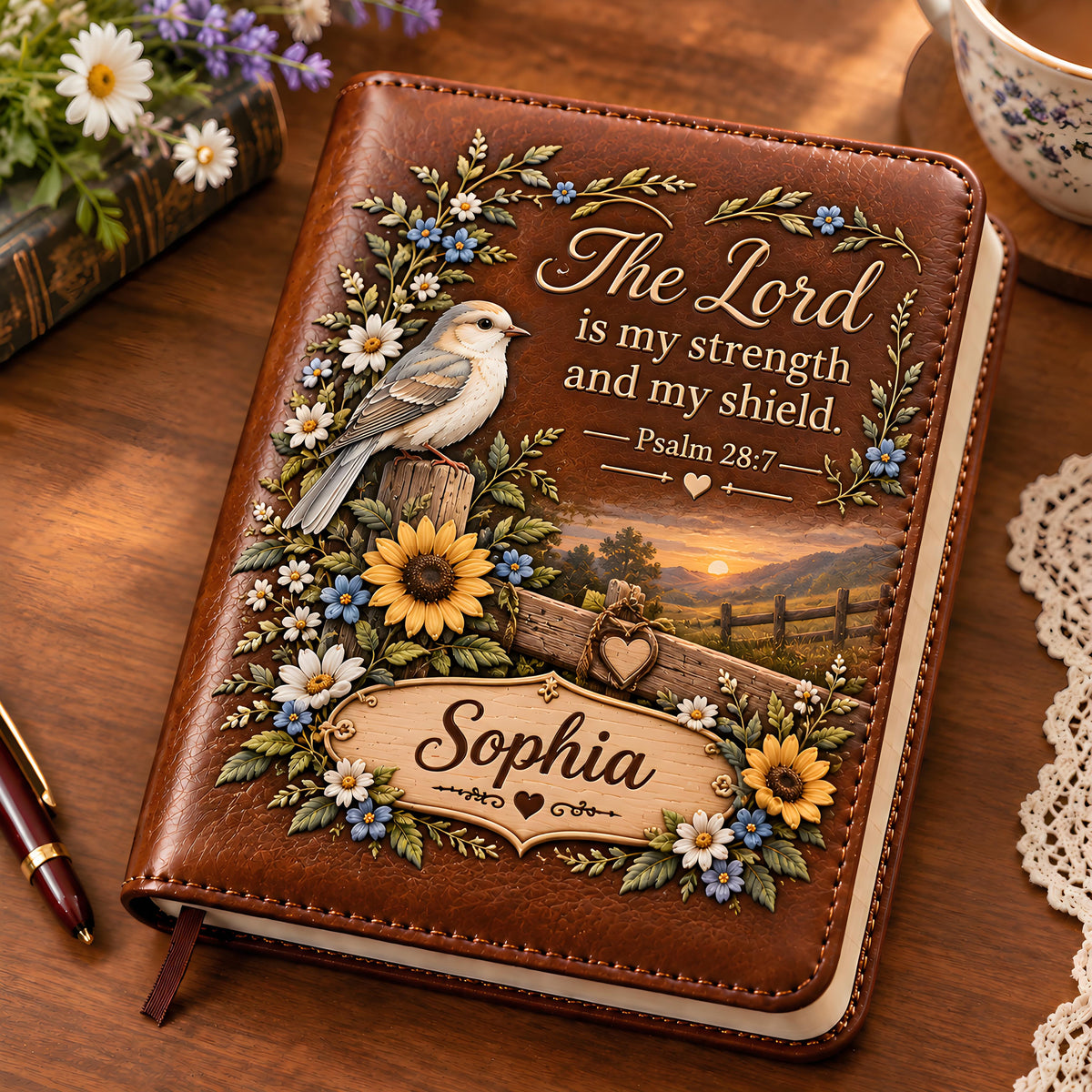 📖 Personalized Leather Scripture Notebook – Custom Name Floral Nature Journal ✝️✨