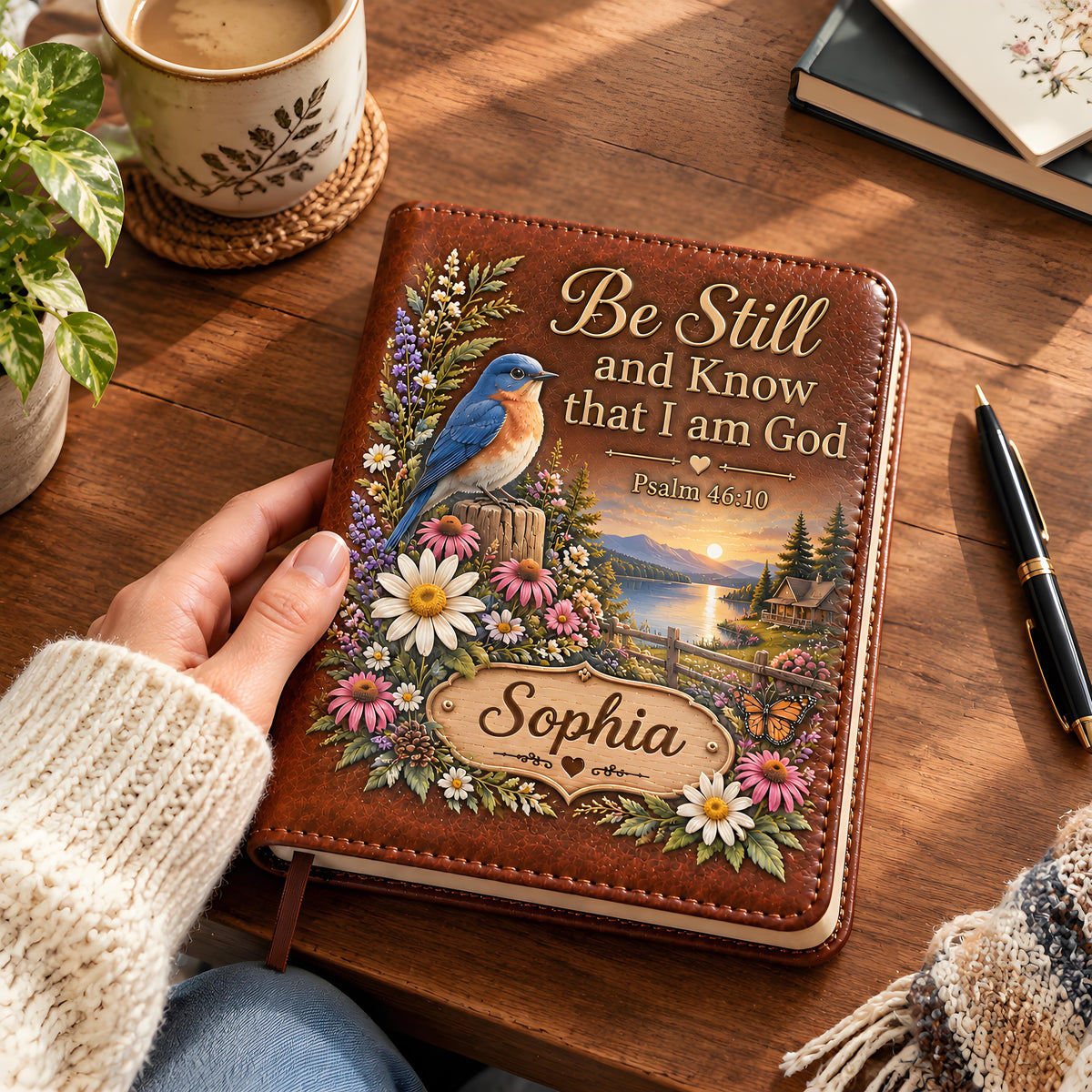 📖 Personalized Leather Scripture Notebook – Custom Name Floral Nature Journal ✝️✨