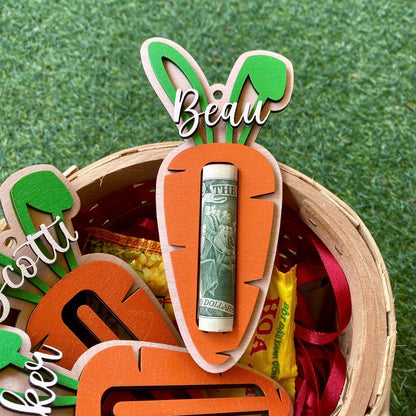 Personalized Carrot Easter Basket Stuffers with Name – Wooden Bunny Ear Money Holder for Kids & Teens – Perfect Easter Gift & Cash Surprise