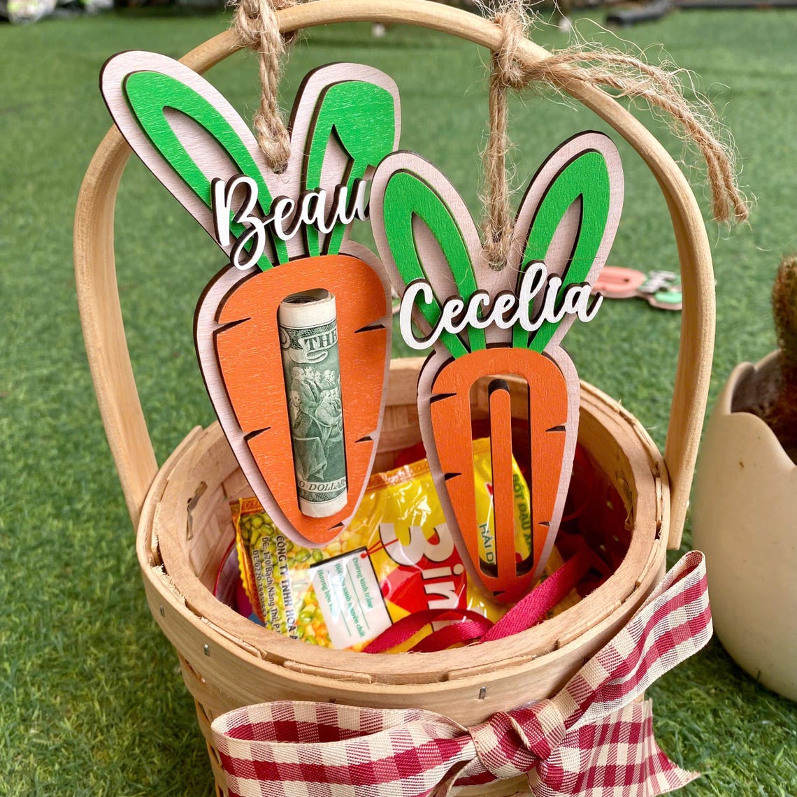 Personalized Carrot Easter Basket Stuffers with Name – Wooden Bunny Ear Money Holder for Kids & Teens – Perfect Easter Gift & Cash Surprise