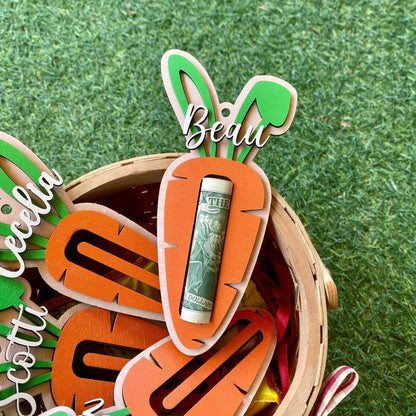 Personalized Carrot Easter Basket Stuffers with Name – Wooden Bunny Ear Money Holder for Kids & Teens – Perfect Easter Gift & Cash Surprise