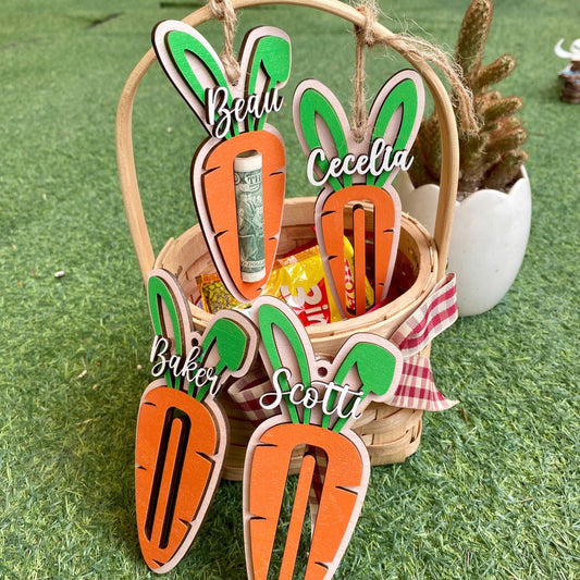 Personalized Carrot Easter Basket Stuffers with Name – Wooden Bunny Ear Money Holder for Kids & Teens – Perfect Easter Gift & Cash Surprise
