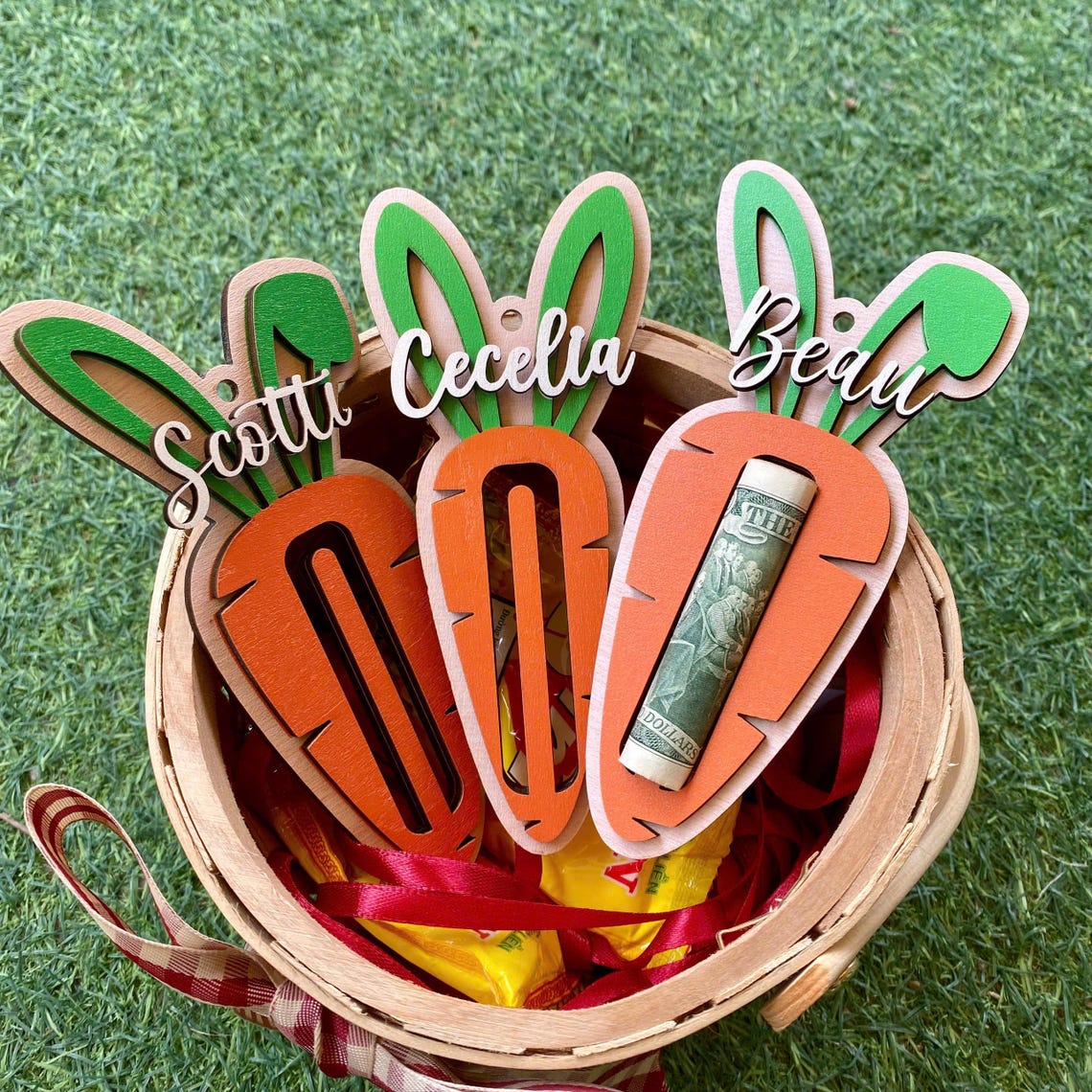 Personalized Carrot Easter Basket Stuffers with Name – Wooden Bunny Ear Money Holder for Kids & Teens – Perfect Easter Gift & Cash Surprise