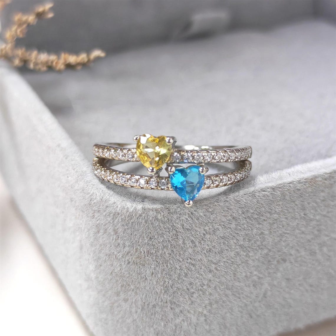 Personalized Two Heart-Shape Birthstone Double Band Ring