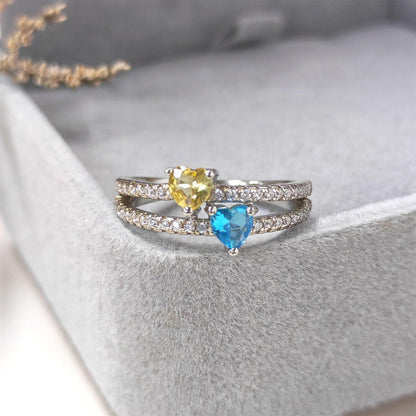 Personalized Two Heart-Shape Birthstone Double Band Ring