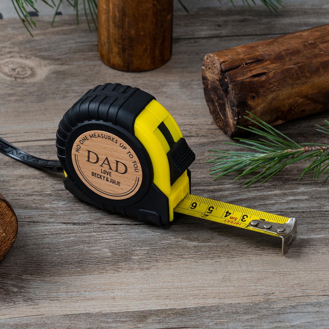 🛠️ Personalized Wooden Tape Measure – “No One Measures Up to You, Dad”