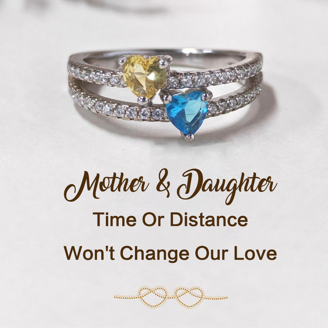 Personalized Two Heart-Shape Birthstone Double Band Ring