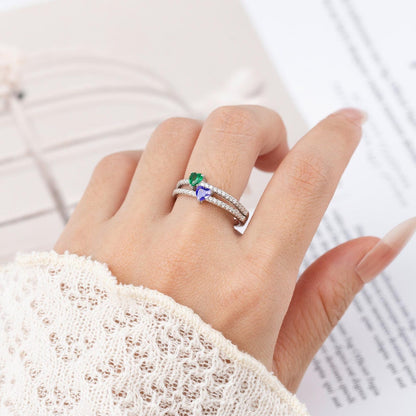 Personalized Two Heart-Shape Birthstone Double Band Ring