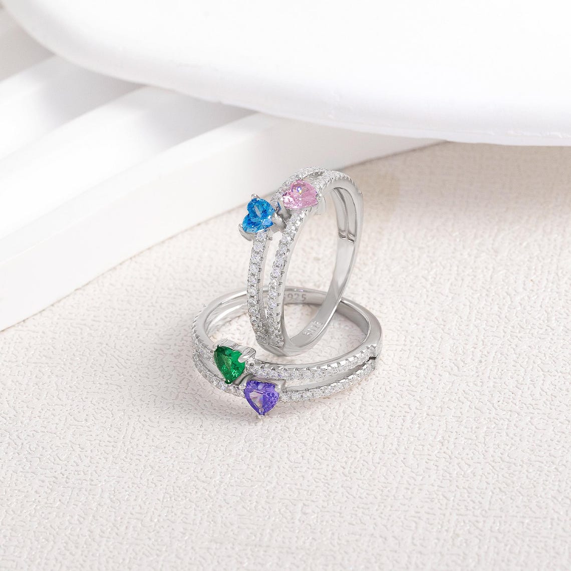 Personalized Two Heart-Shape Birthstone Double Band Ring