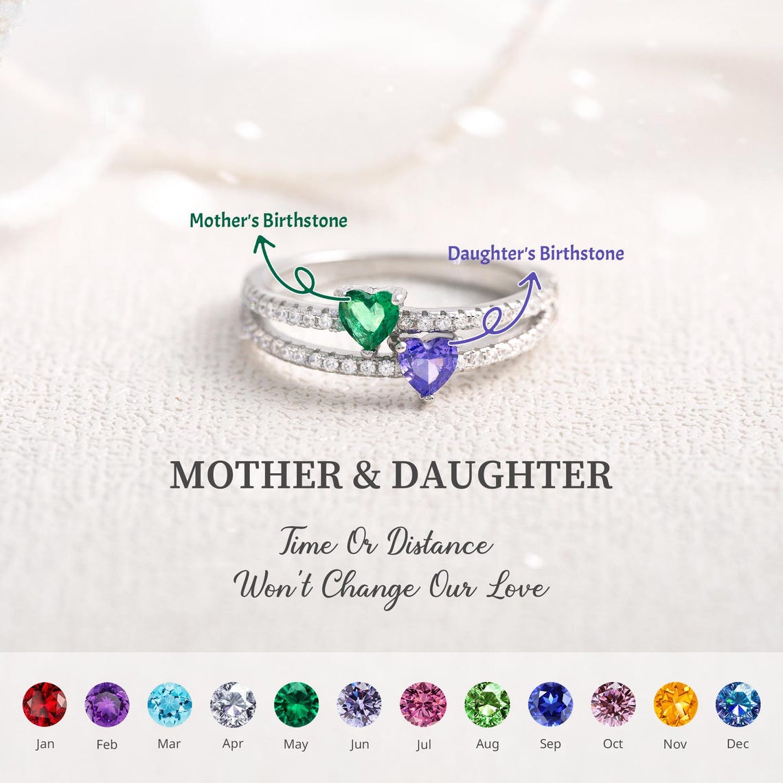 Personalized Two Heart-Shape Birthstone Double Band Ring