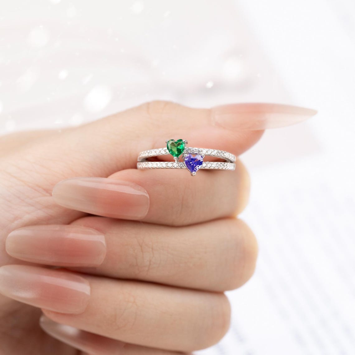 Personalized Two Heart-Shape Birthstone Double Band Ring