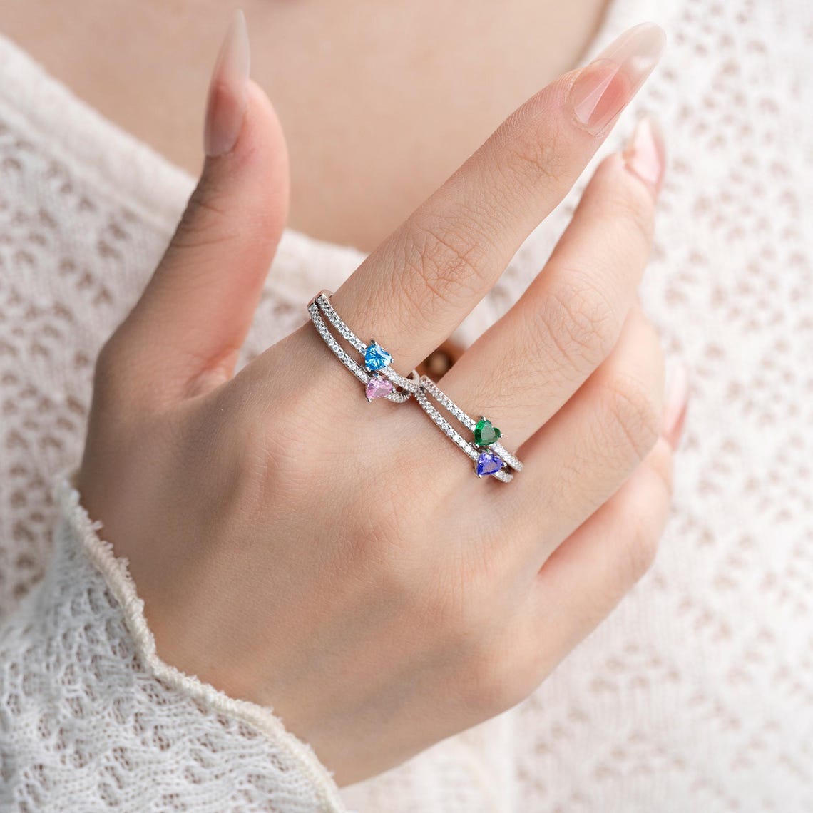 Personalized Two Heart-Shape Birthstone Double Band Ring