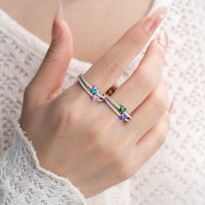 Personalized Two Heart-Shape Birthstone Double Band Ring