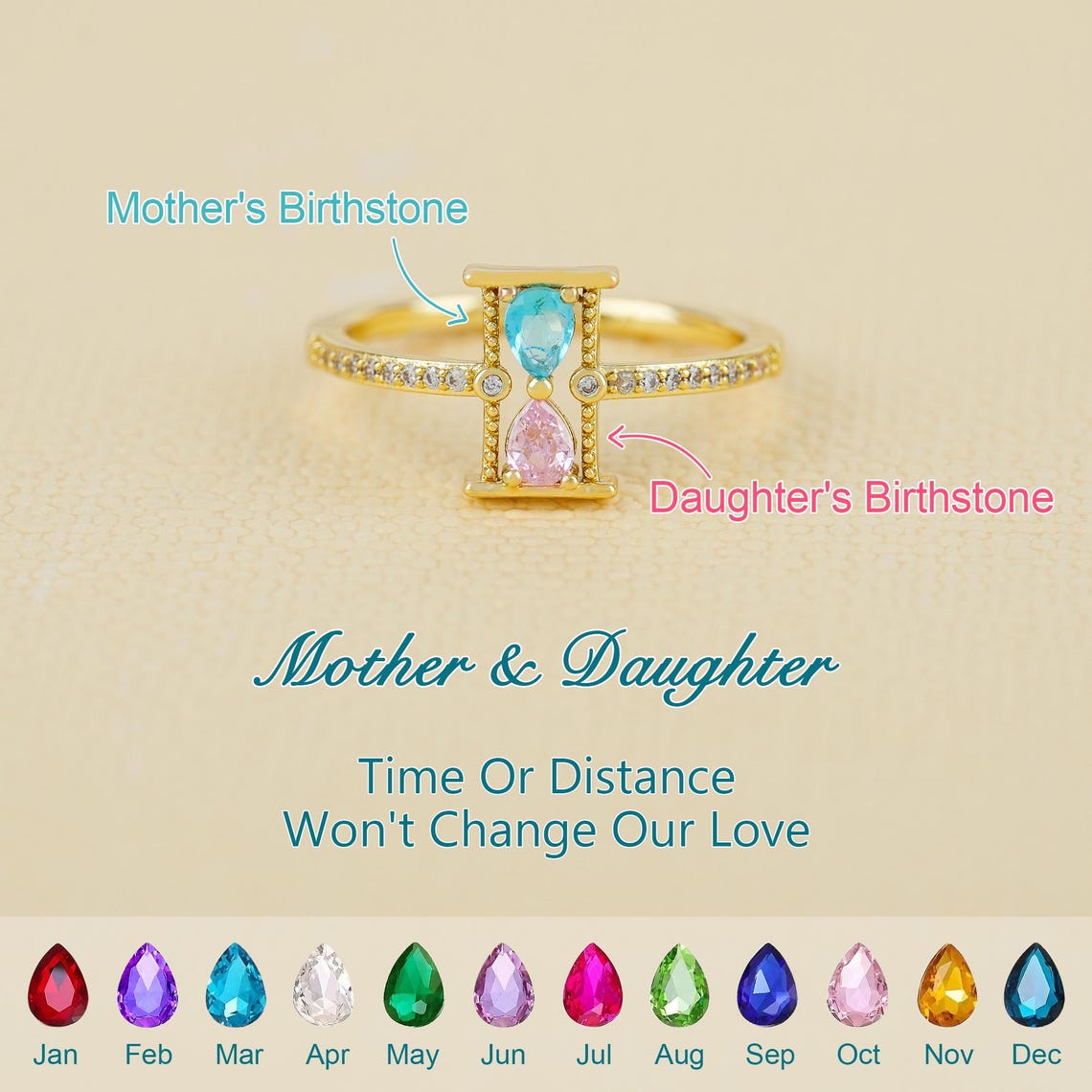 Personalized Mother&Daughter Hourglass Birthstone Ring