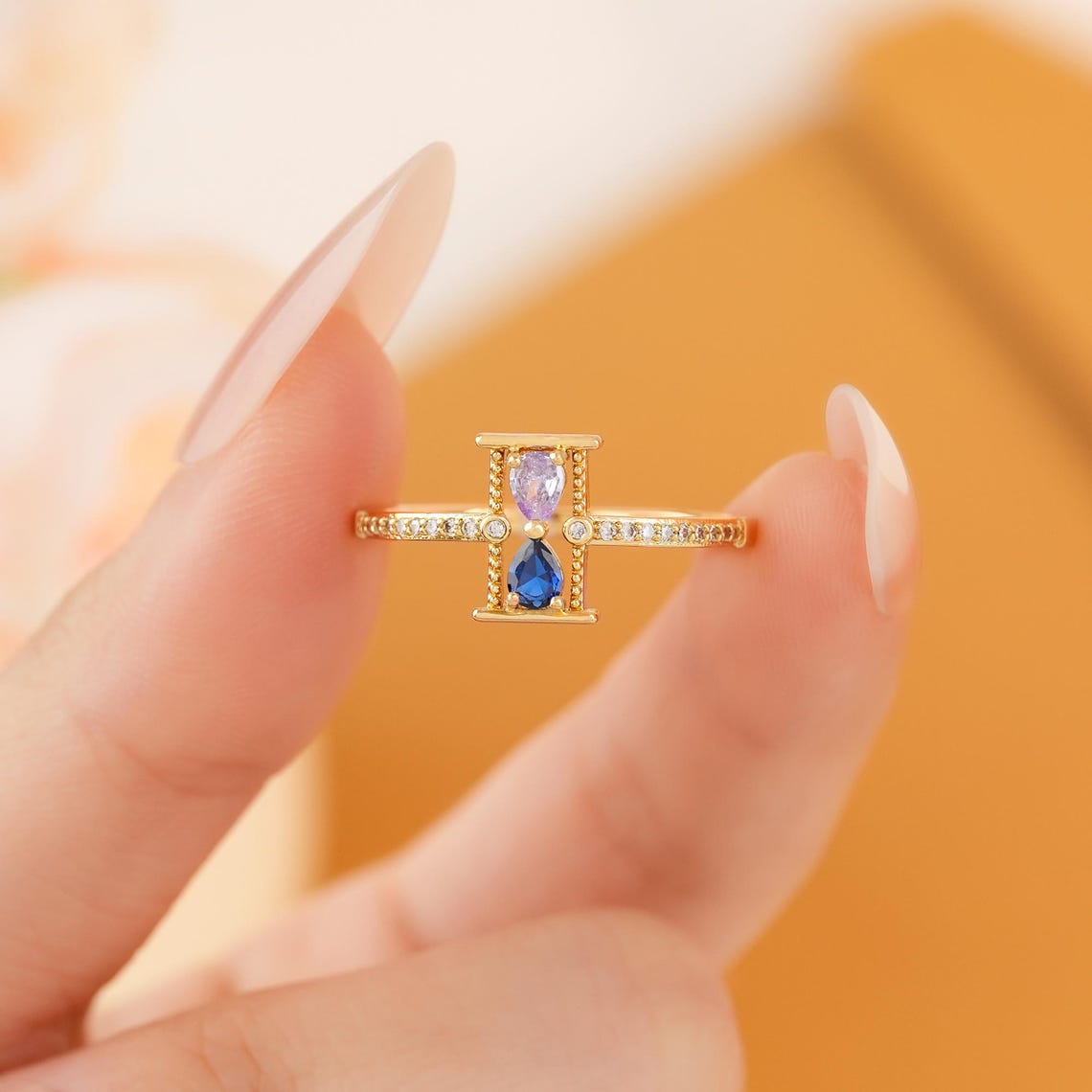 Personalized Mother&Daughter Hourglass Birthstone Ring