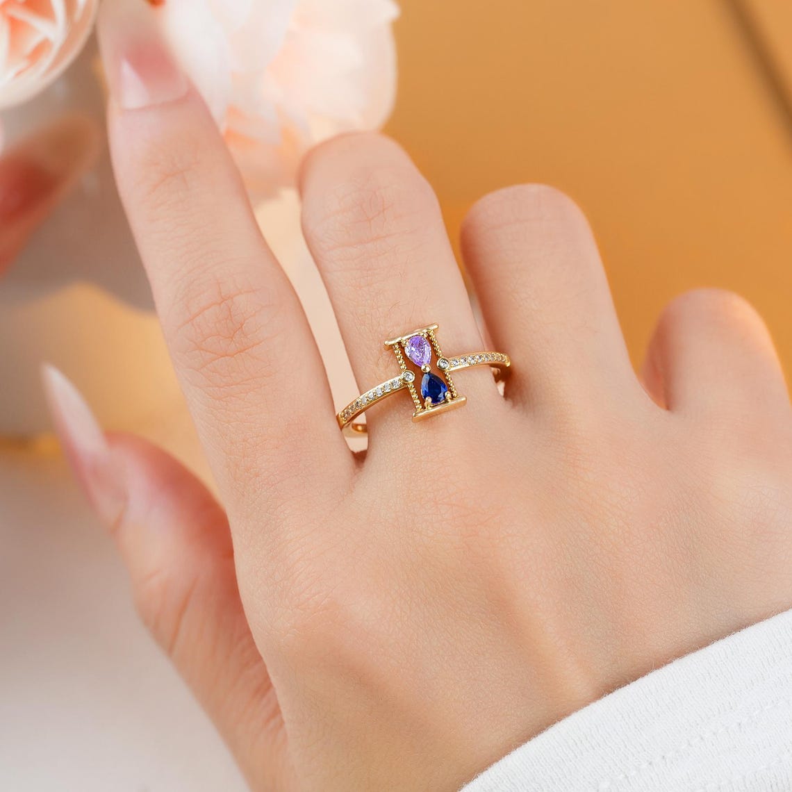 Personalized Mother&Daughter Hourglass Birthstone Ring