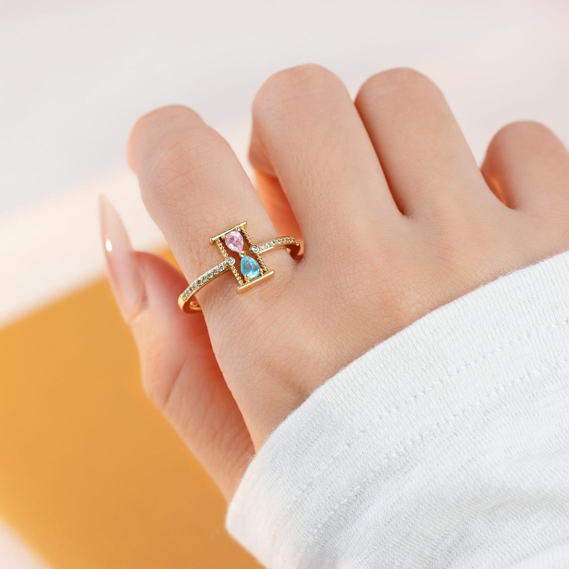 Personalized Mother&Daughter Hourglass Birthstone Ring