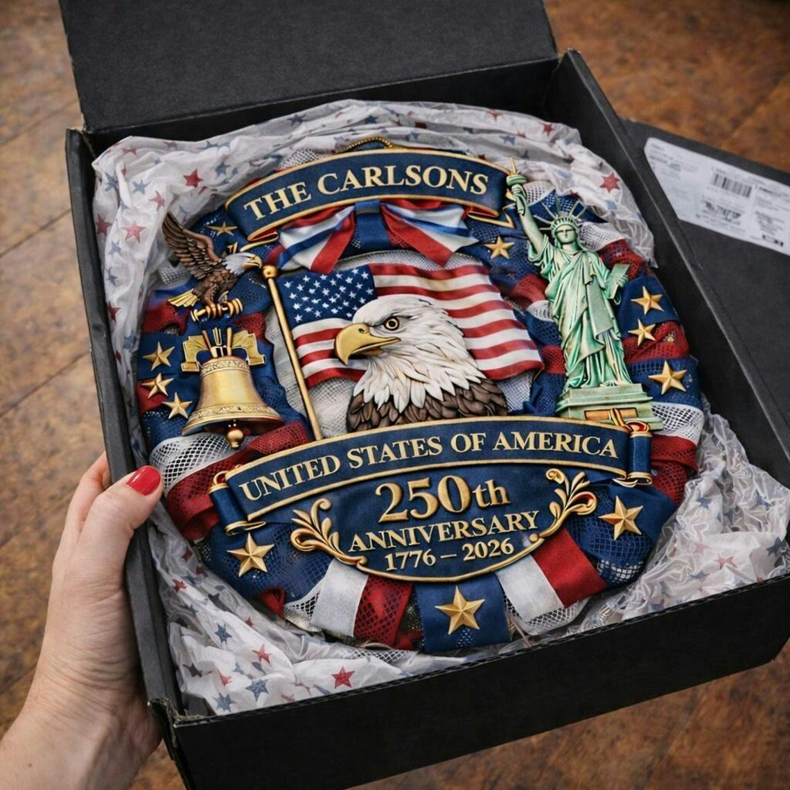 Personalized America 250th Anniversary Wreath-1776-2026 Patriotic Door Sign Semiquincentennial Family Name Decor