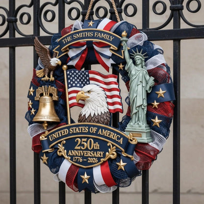 Personalized America 250th Anniversary Wreath-1776-2026 Patriotic Door Sign Semiquincentennial Family Name Decor
