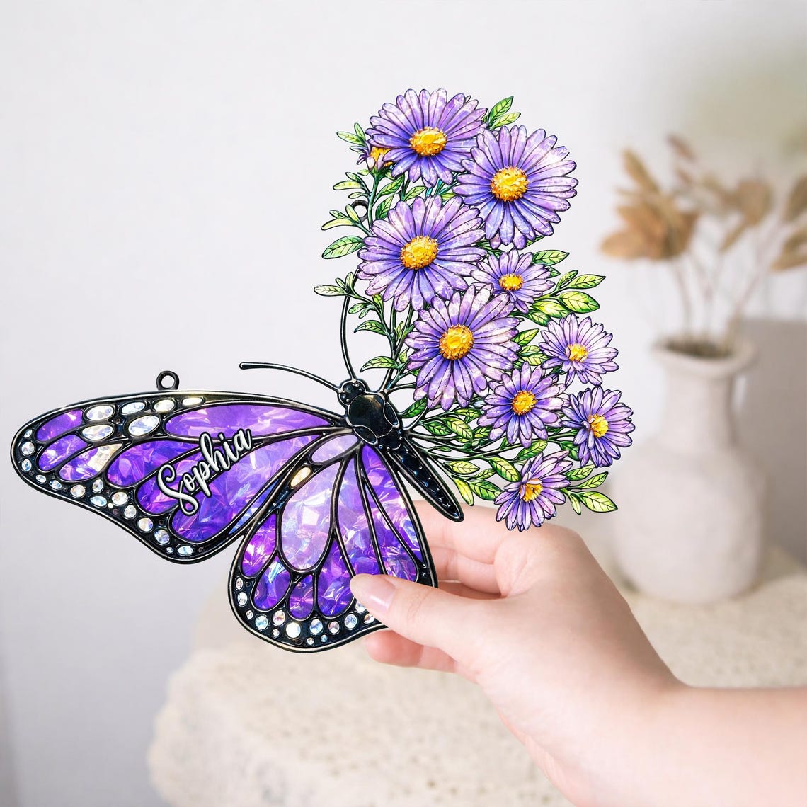 Custom Birth Flowers Suncatcher, Butterly Window Hanging, Birth Flower Gift