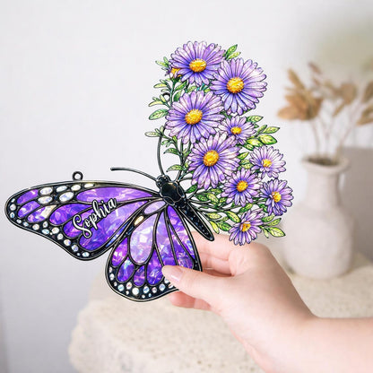 Custom Birth Flowers Suncatcher, Butterly Window Hanging, Birth Flower Gift