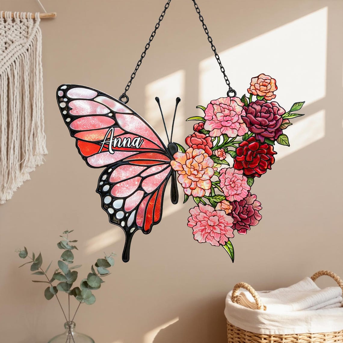 Custom Birth Flowers Suncatcher, Butterly Window Hanging, Birth Flower Gift