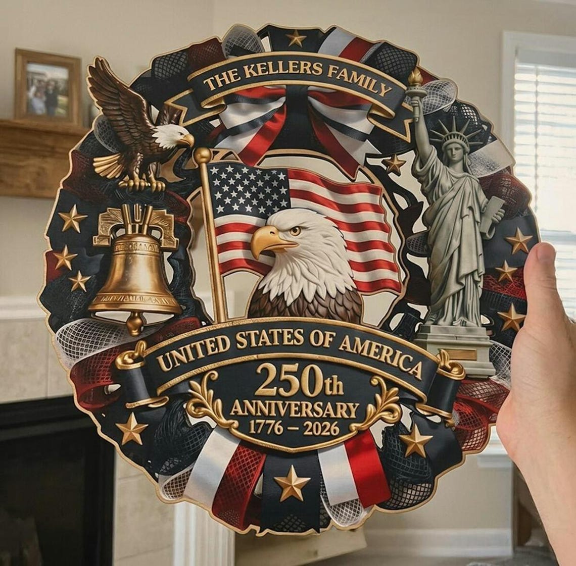 Personalized America 250th Anniversary Wreath-1776-2026 Patriotic Door Sign Semiquincentennial Family Name Decor