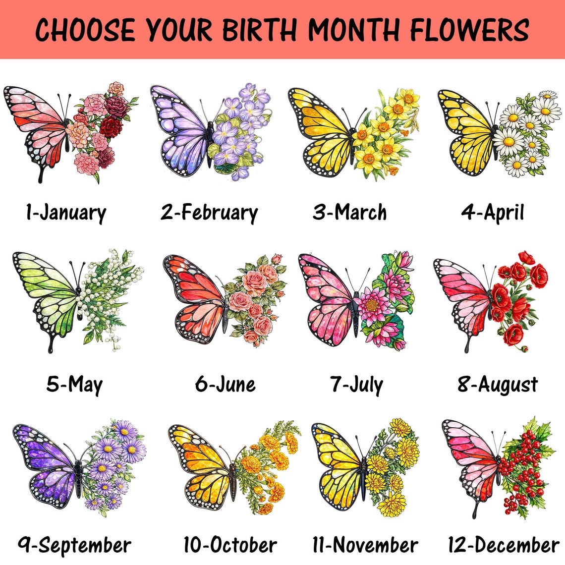 Custom Birth Flowers Suncatcher, Butterly Window Hanging, Birth Flower Gift