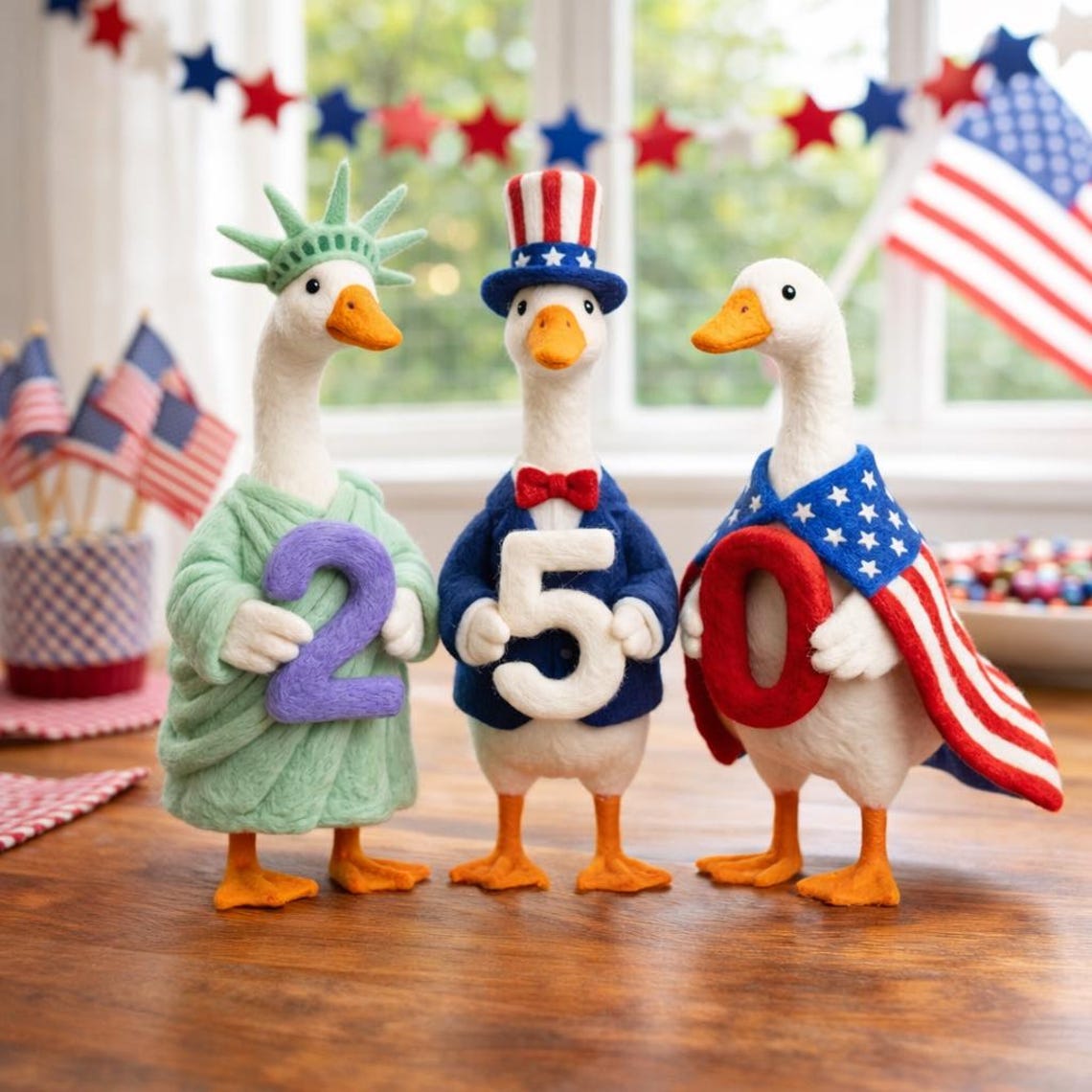 USA 250th Anniversary Needle Felted Goose Set