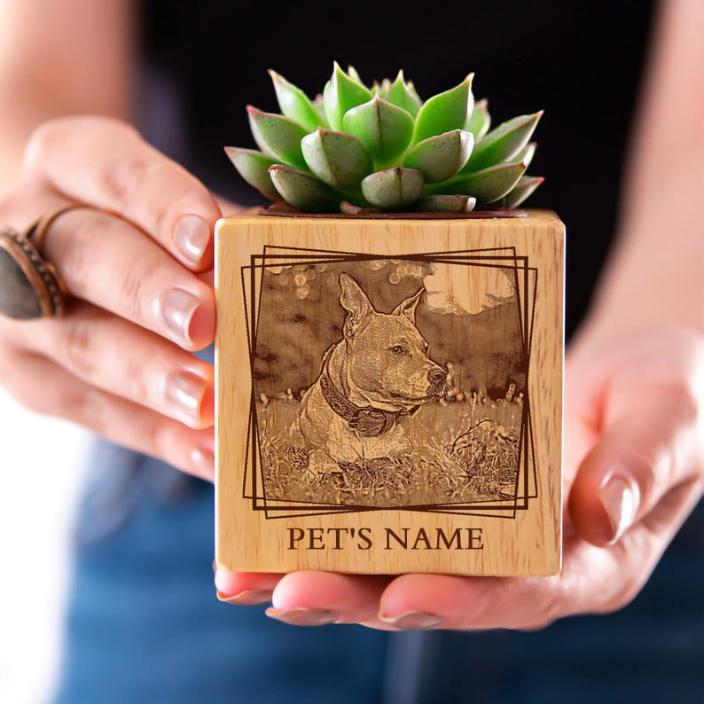 🌸Custom Pet Portrait Planter – Wood Succulent Pot with Photo