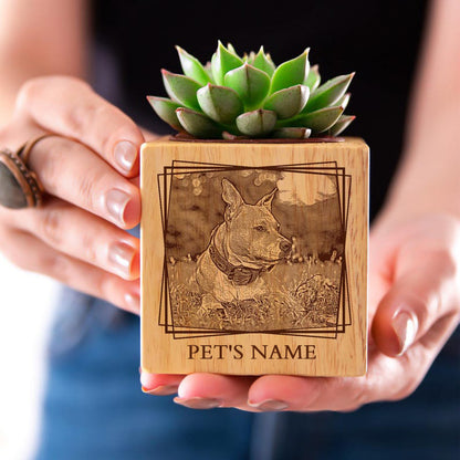 🌸Custom Pet Portrait Planter – Wood Succulent Pot with Photo