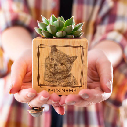 🌸Custom Pet Portrait Planter – Wood Succulent Pot with Photo