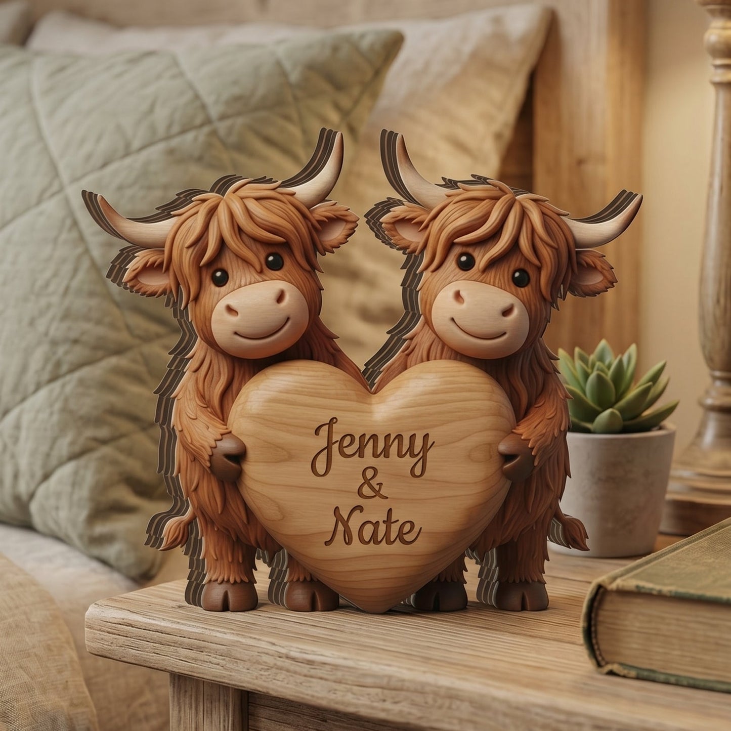 🐮 Personalized Highland Cow Couple Wooden Sign