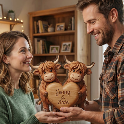 🐮 Personalized Highland Cow Couple Wooden Sign
