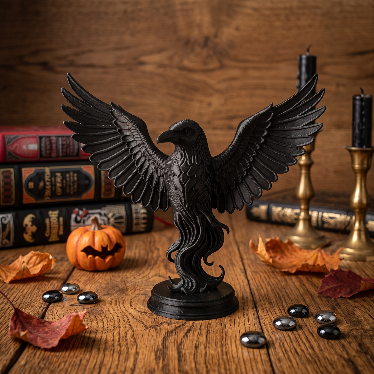 🖤 Black Raven Statue on Plinth – Outstretched Wings Gothic Decor&nbsp;