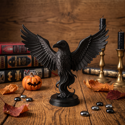 🖤 Black Raven Statue on Plinth – Outstretched Wings Gothic Decor&nbsp;