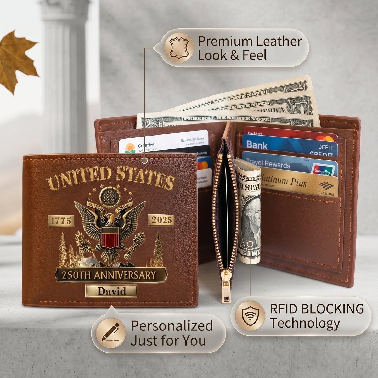Personalized U.S. Army 250th Anniversary Leather RFID BLOCKING Wallet