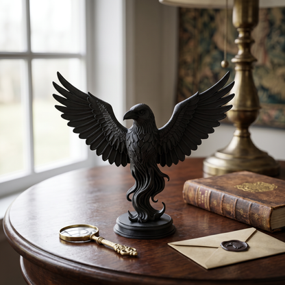 🖤 Black Raven Statue on Plinth – Outstretched Wings Gothic Decor&nbsp;