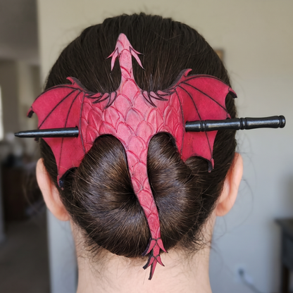 🐉 Leather Tooled Dragon Hair Slide with Wood Stick