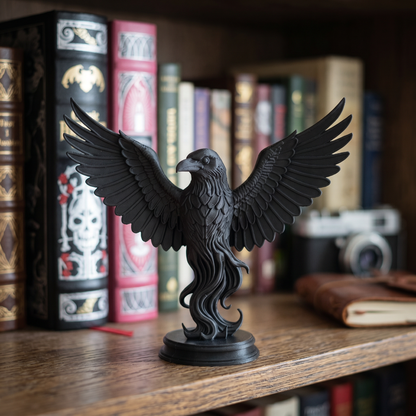 🖤 Black Raven Statue on Plinth – Outstretched Wings Gothic Decor&nbsp;