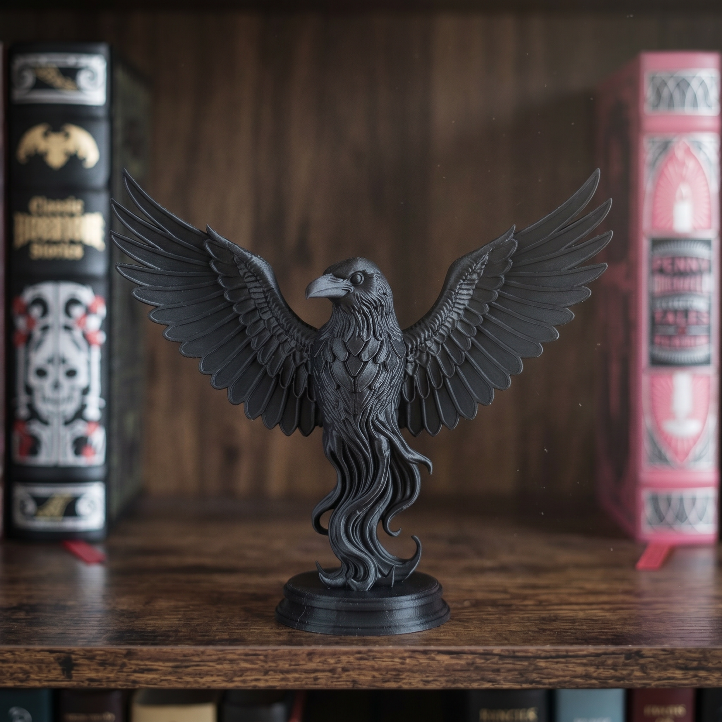 🖤 Black Raven Statue on Plinth – Outstretched Wings Gothic Decor&nbsp;